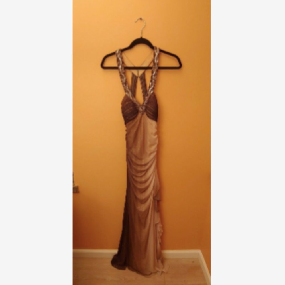 Blondie Nites Brown/Tan/Beige Glitter Halter Dress